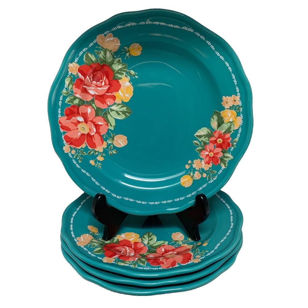 Set of 4 Pioneer Woman Vintage Floral Teal Scalloped Edge Side Plates 8.5"